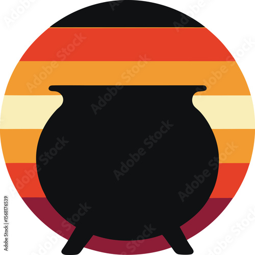 Cauldron boiling silhouette on retro vintage striped sunset
