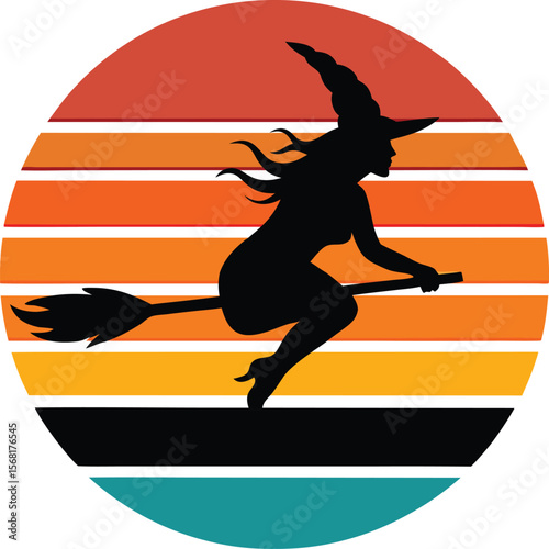 Broomstick flying witch silhouette on retro vintage striped sunset
