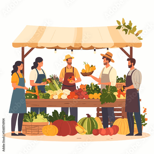 Vibrant Farmers Market Scene with Fresh Produce Stall Tents and Variety of Vegetables and People in Aprons Under Neutral Background