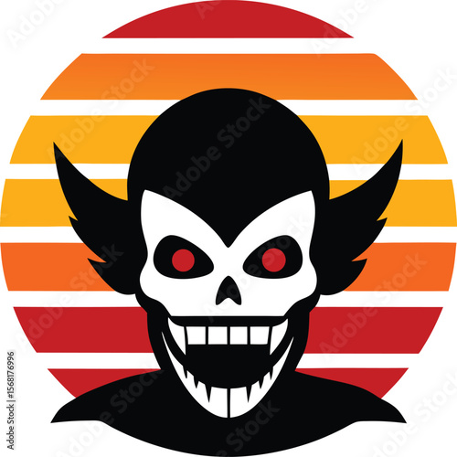 Creepy clown face silhouette on retro vintage striped sunset