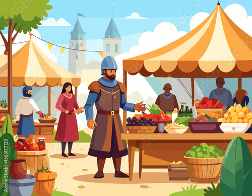Vibrant Medieval Market Scene with Vendors Selling Produce under Tents against a Blue Sky with Distant Castle Architecture
