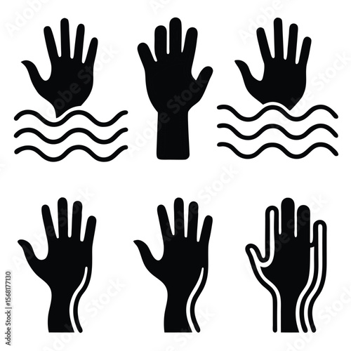 Hands vector silhouettes illustrate a group of people raising their hands in a symbol of help, charity, or voting
