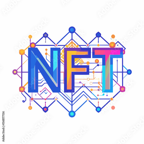 Vibrant Nft Digital Artwork with Geometric Network on White Background
