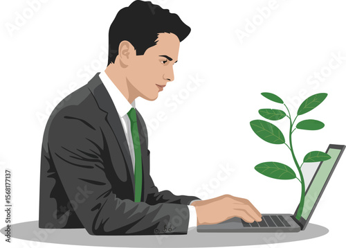 Businessman using laptop with plant growing out of screen concept ai generated vector