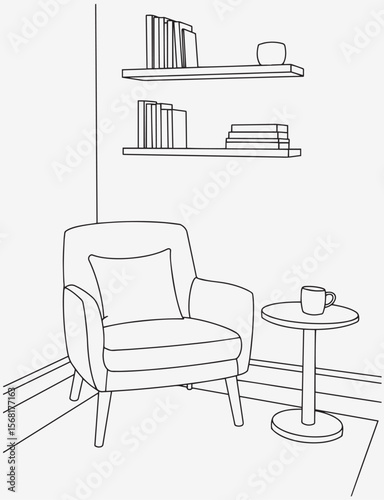 Minimalist modern interior line art, elegant living room, cozy reading corner illustration. Interior design with modern room in black sketch line on white background. Line drawing of Living room.