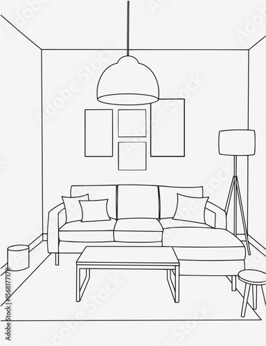 Minimalist modern interior line art, elegant living room, cozy reading corner illustration. Interior design with modern room in black sketch line on white background. Line drawing of Living room.