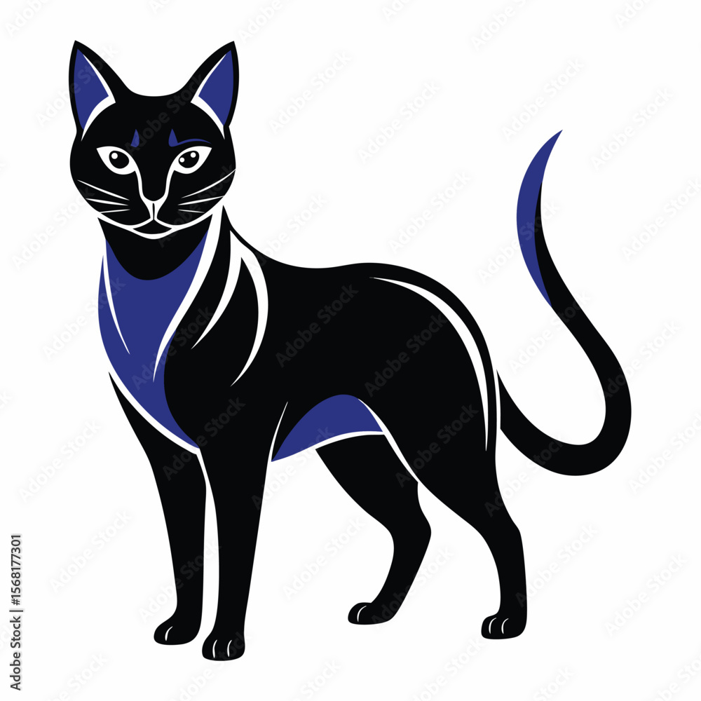 Fototapeta premium Stylized Illustration of a Sleek Black Cat with Elegant Blue Accents and Curving Tail