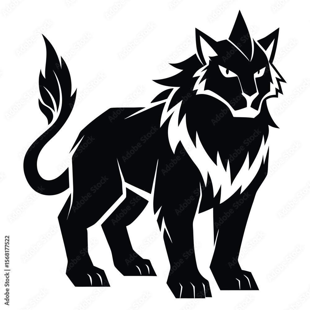 Obraz premium Stylized Black Lion Illustration Majestic Feline with Sharp Features and a Wild Mane Depicted in Bold Silhouette