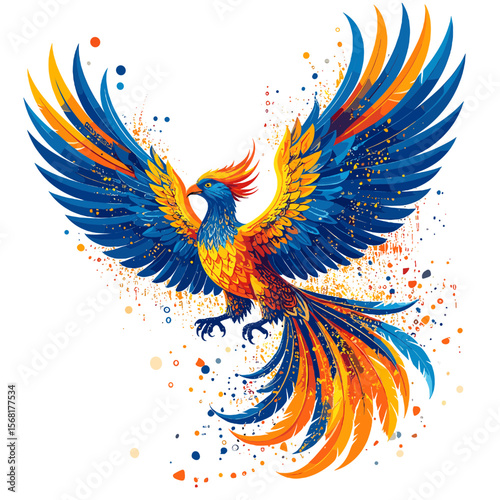 Vibrant Phoenix with Fiery Wings in Shades of Orange and Blue Detailed Illustration