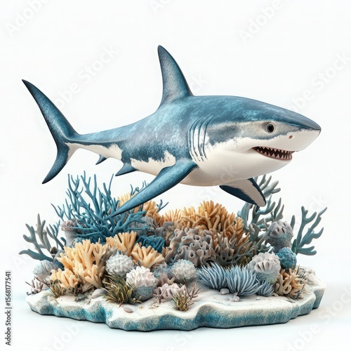 Realistic 3D Illustration of Shark Swimming Above Coral Reef in Vibrant Underwater Scene