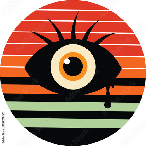Creepy eyeball silhouette on retro vintage striped sunset