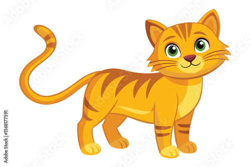 Cute Cartoon Orange Tabby Cat Standing and Smiling Adorably with Green Eyes and a Curled Tail