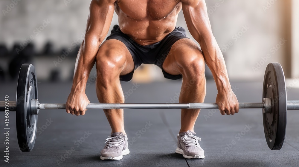 Fototapeta premium Muscular man lifting weights, performing deadlift exercise in gym, close up on legs and barbell.