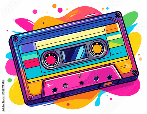 Vibrant Pixelated Cassette Tape with Colorful Splatters on White Background Retro Audio Technology Media in Pixel Art Design