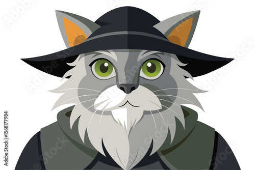Charming Cartoon Cat Wizard with Hat and Green Eyes Digital Artwork Illustration