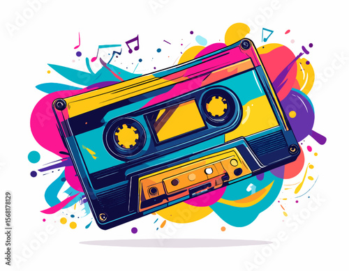 Vibrant Retro Cassette Tape with Abstract Colorful Shapes and Geometric Accents on White Background Featuring Nostalgic 80s and 90s Design