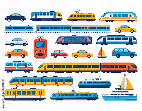 Vibrant Vector Collection Featuring Various Forms of Transportation Including Trains Cars and Boats in Flat Design on a White Background