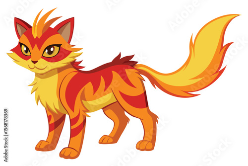 Cartoon Fire Cat Illustration with Vibrant Orange and Red Markings and a Bushy Tail