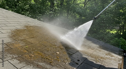 High-pressure water cleaning of a roof covered in moss and dirt