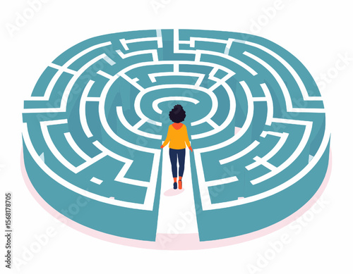 Woman Entering Complex Blue Circular Maze With Yellow Jacket Against White Backdrop