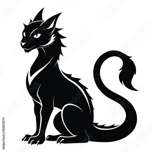 Majestic Dragon Cat Silhouette with Curled Tail and Intricate Details Fantasy Creature Artwork