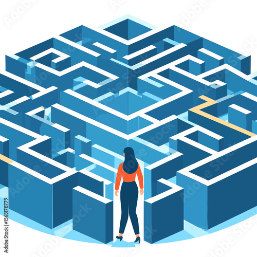 Woman Facing Isometric Blue Maze Depicting Complex Business Challenges and Strategic Problem Solving on White Background