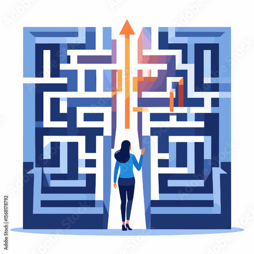 Woman Finds Straight Path Through Intricate Blue and White Maze with Orange Arrow Guidance Concept