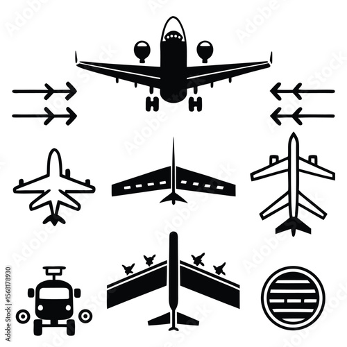 Set of vector airplane and transport icons with silhouettes of jets, helicopters, and planes flying in the sky