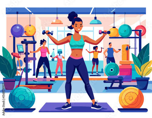 Woman Lifting Weights in a Vibrant Gym with Fitness Equipment and Other Active People in the Background Exercise and Healthy Lifestyle Concept