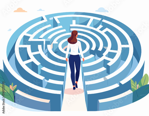 Woman Navigating a Blue Circular Maze Depicting a Business Challenge with a White Pathway in a Clean Vector Graphic