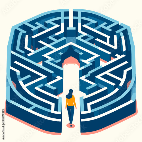 Woman Navigating Through an Abstract Blue Hexagonal Maze with a Cream Background Showing Challenge Complexity and Wayfinding
