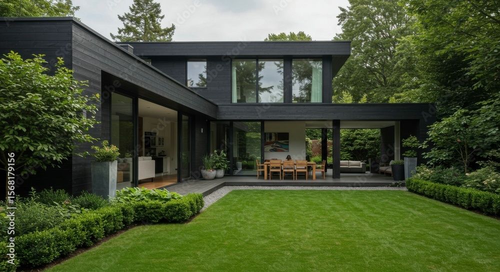 Fototapeta premium Modern black house with expansive windows, open floor plan, sleek design, and lush green lawn
