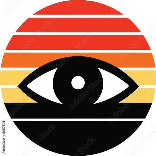 Evil eye staring silhouette on retro vintage striped sunset