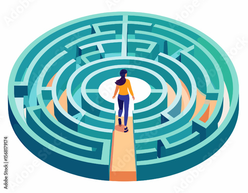 Woman Walking Into Circular Turquoise Maze with Tan Colored Path in Perspective