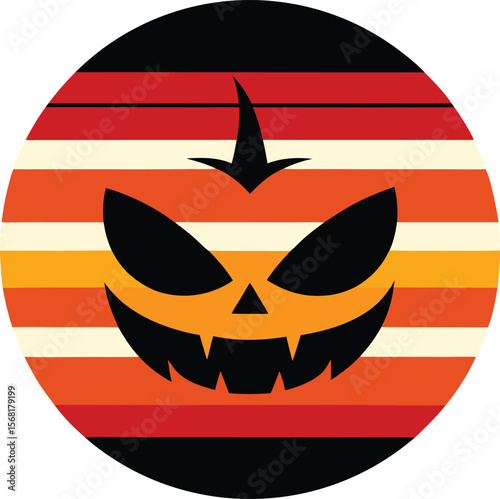 Evil pumpkin face silhouette on retro vintage striped sunset