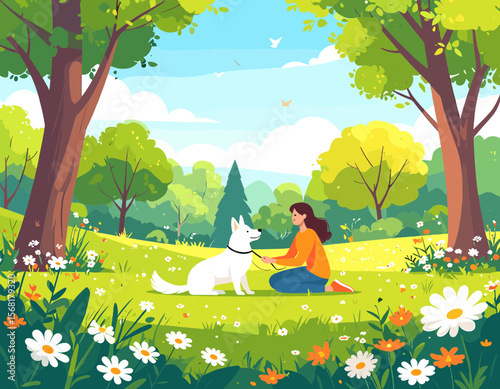 Woman with White Dog in Lush Green Park Under Sunny Sky With Tall Trees and Colorful Wildflowers in a Bright and Peaceful Setting