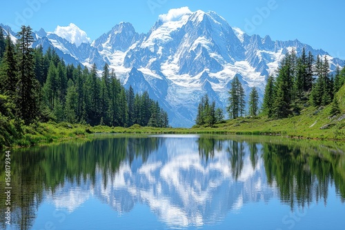 Alpine lake mirroring snowy mountains, framed by lush green trees