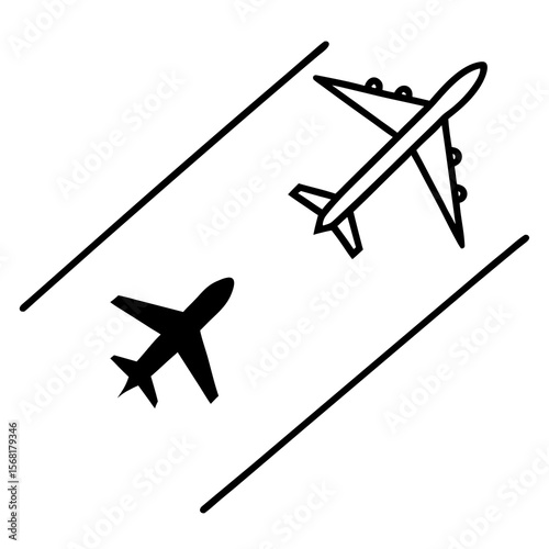 Minimalist graphic design featuring two black shapes isolated on white background