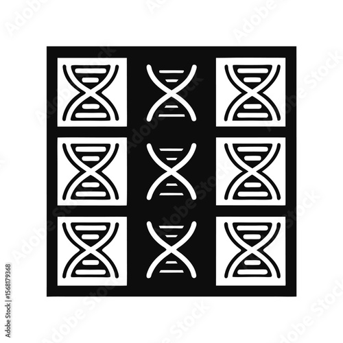 Graphic nine D N A helix symbols arranged in a grid pattern on a genetics science