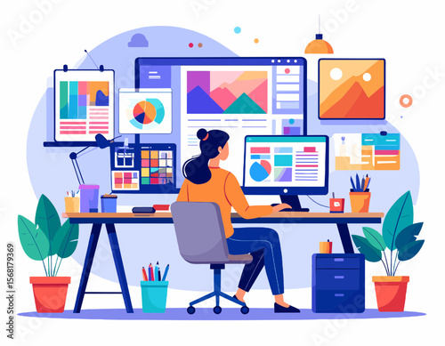 Woman Working at Desk with Multiple Monitors and Design Artwork in a Bright Colorful Home Office Illustration Style