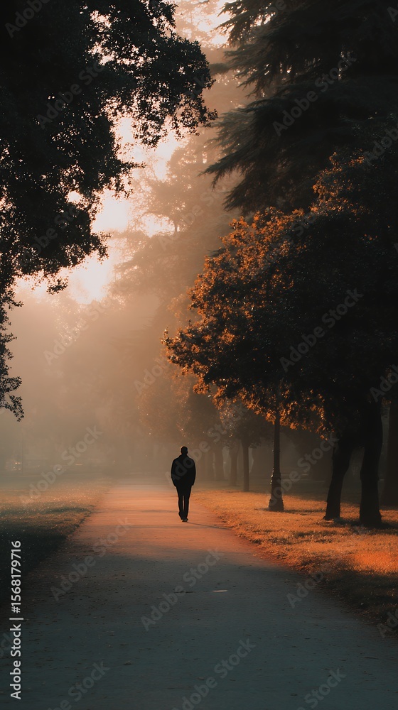 Fototapeta premium silhouette walking figure on foggy autumn park path at sunrise with trees and mist