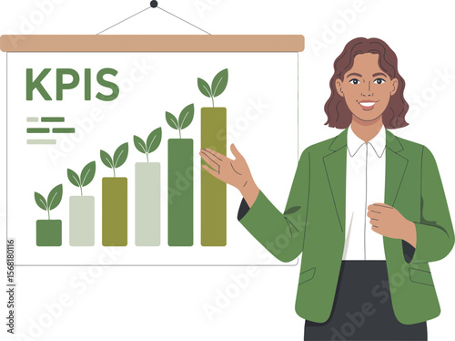 Businesswoman Presenting KPIs with Growing Plant Chart for Sustainable Growth ai generated vector