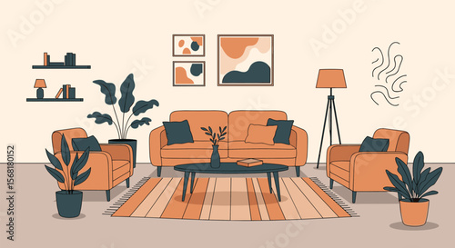 Cozy Living Room Interior Design with Modern Furniture and Plants PNG Transparent Background Isolated