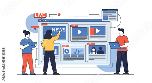 People interacting with a digital news platform on a transparent background showing live updates and video content