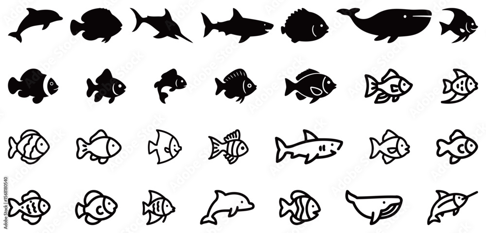 Naklejka premium Sea Creatures Including Fish Dolphins and Whales