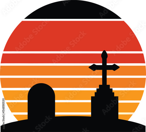 Graveyard silhouette on retro vintage striped sunset  