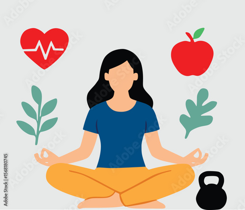 Healthy Lifestyle Vector Illustration – Woman Meditating with Wellness Icons
