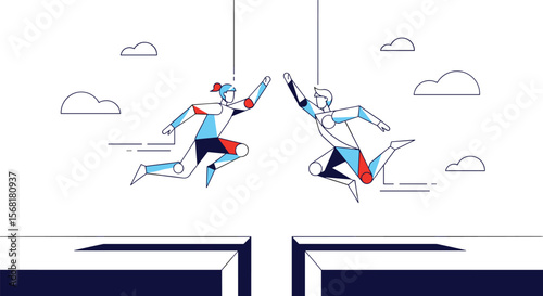 Two Abstract Figures Reaching High Fives Mid Air Above Blue Platform Design