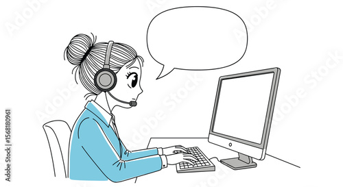 Customer service representative working on computer with headset and speech bubble illustration