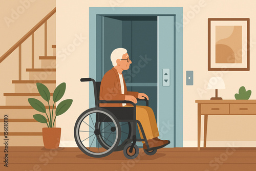 Elderly Person Using Residential Elevator in Modern Home – Accessible Design Vector Illustration
